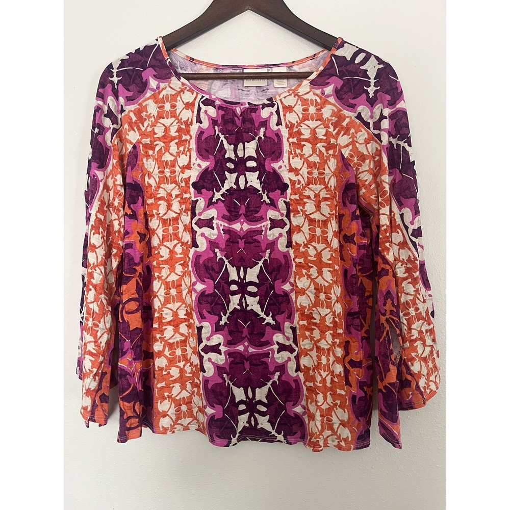 Chicos 1 M Colorful‎ Multicolor Neon Top Pink Orange Ikat Print Rayon 3/4 Sleeve